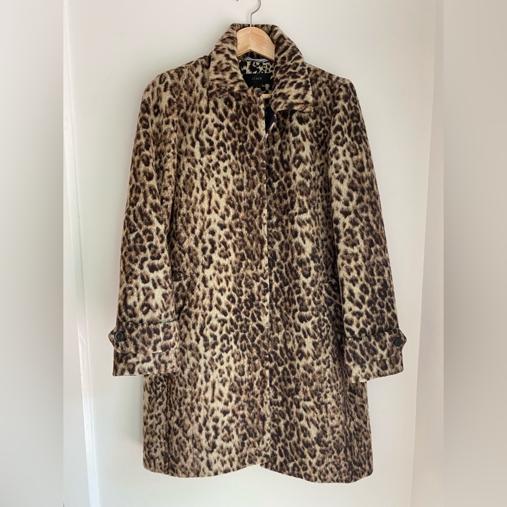 J.Crew double snow leopard wool coat.